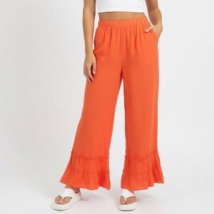 Mundoven Palazzo Pants Womens XL Orange Cotton Wide Leg Trendy Tiered Ruffle
